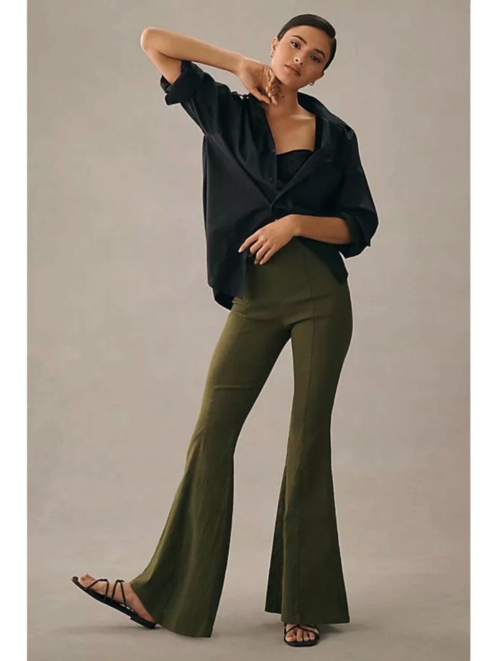 Maeve Slim Trumpet FlarePants Sz 0 Olive Green Stretch Boho Hippie